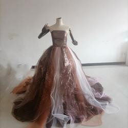 ブラウン 茶色 輝きな光彩を放つ キラキラチュールカラードレス 可愛い  