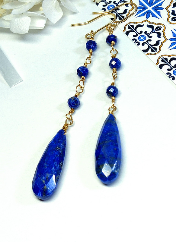 14kgf 大粒 ラピスラズリ ピアス 天然石 ロング ペアシェイプ 枠留め