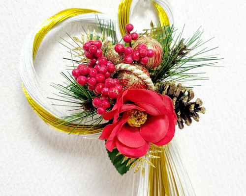 白金水引結び赤椿 しめ縄 正月 正月飾り 正月リース しめ縄飾り 正月