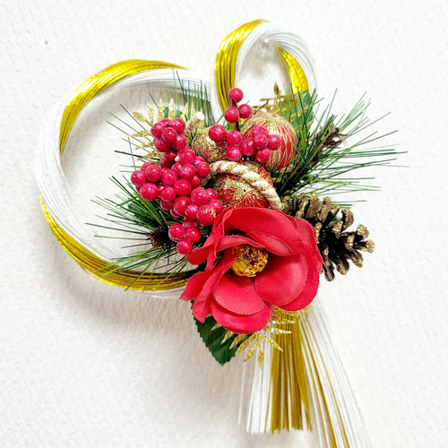 白金水引結び赤椿 しめ縄 正月 正月飾り 正月リース しめ縄飾り 正月