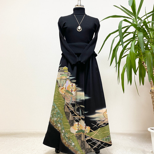 黒留袖着物リメイクウエストゴムロングスカート送料無料フリーサイズ1  