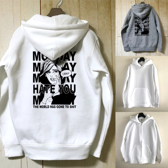 月曜は嫌いシリーズ / スウェットパーカー / White、Grey 1枚目の画像