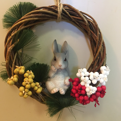 お正月リース グレーうさぎさんリース クリスマスリース 卯 うさぎ