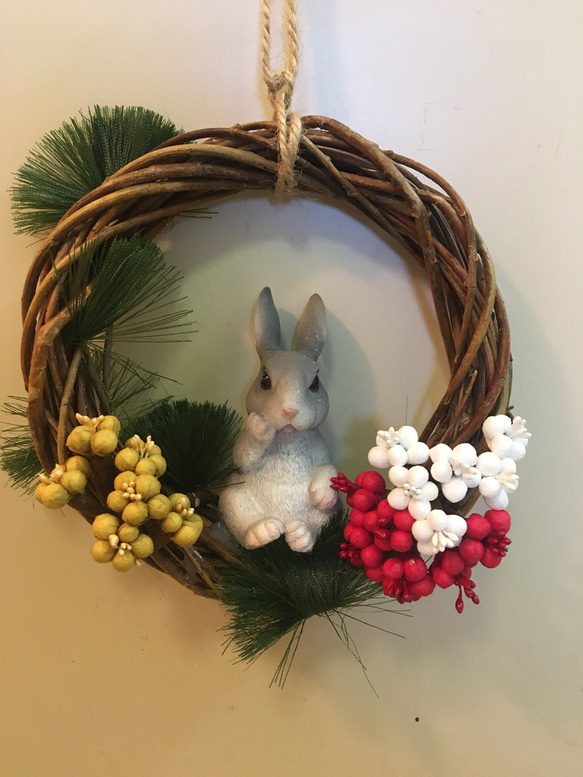 お正月リース グレーうさぎさんリース クリスマスリース 卯 うさぎ  
