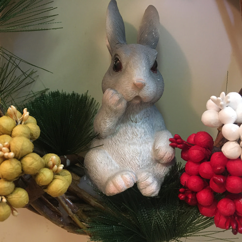お正月リース グレーうさぎさんリース クリスマスリース 卯 うさぎ  
