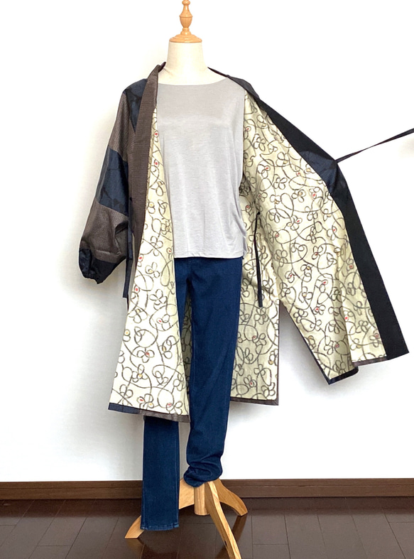 大島紬で作務衣風ロングコート　送料無料【着物リメイク】 11枚目の画像