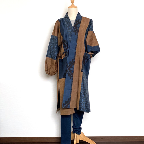 正絹着物紬リメイクリバーシブルロングコート 着物リメイク 正絹紬