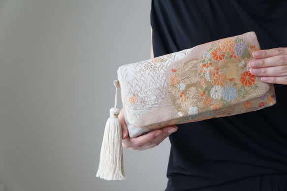 西陣織 服部織物 ベージュ・ゴールド 花模様 シルク帯リメイク 2Way  