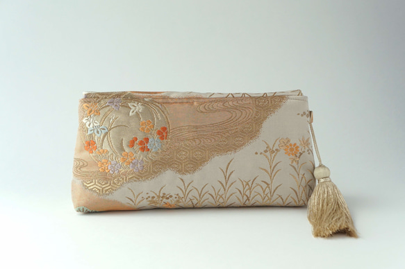 [Nishijin Woven Hattori Woven Beige/Gold Flower Pattern 絲綢腰帶 Rem 第4張的照片