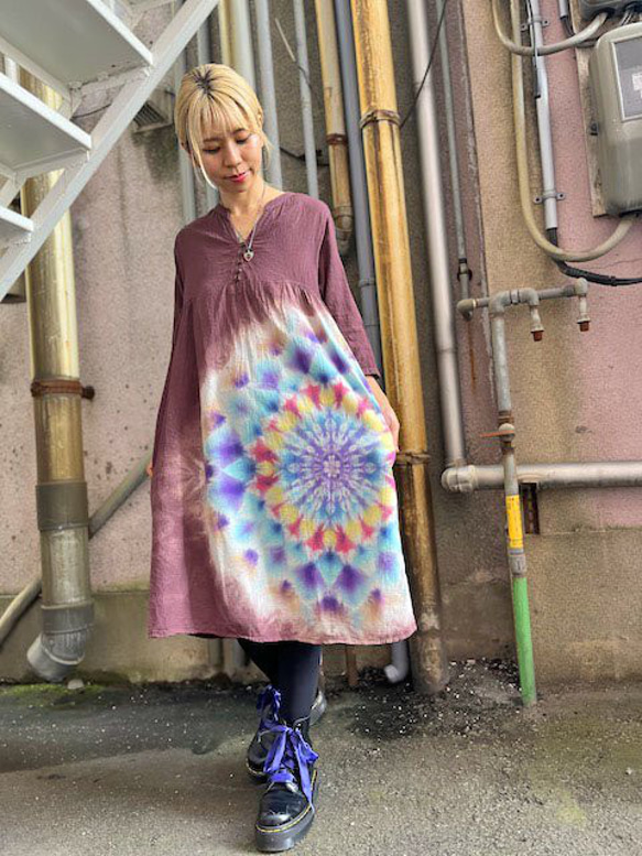 タイダイ染め チュニック ワンピース 紫鳶色 優しく美しい華やか