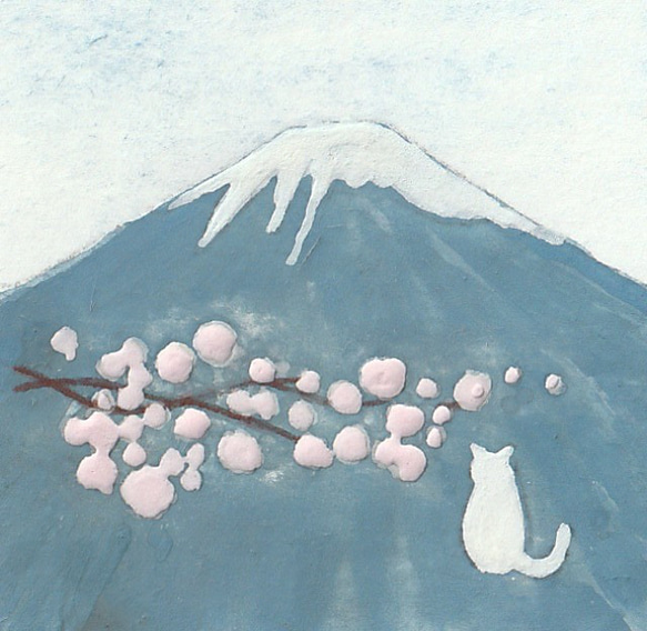 猫の日2024【日本画ポスター】富士山と桜と白猫　絵画　ミニ額付き　ミニアートパネル　インテリアアート　　 2枚目の画像