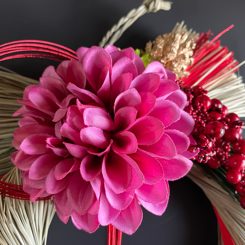 しめ縄リース　ピンク系　ダリア No.wreath-15527☆迎春しめ縄リース(お正月リース) 23-(2) ピンク