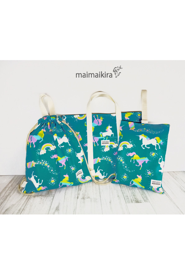 【送料無料】ユニコーン柄　入園入学準備３点セット　ブルーグリーン　サイズ変更承ります