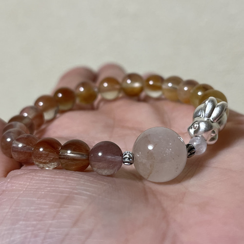 ピンクサゲニティック天然石ブレス　キラキラサゲ ピンクサゲニティッククォーツ&セレナイトデザインブレスレット B