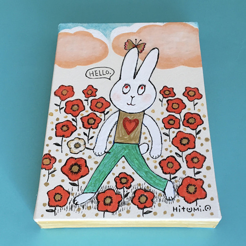 原画『ハロー by うさぎ』コラージュイラスト・ポストカードサイズ木製