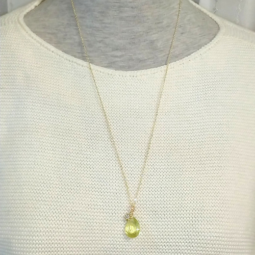 14kgf 宝石質レモンクォーツの大粒ドロップ ネックレスチャーム