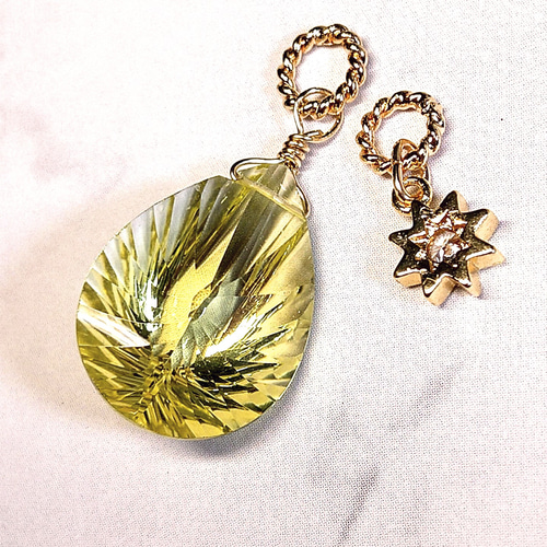 14kgf 宝石質レモンクォーツの大粒ドロップ ネックレスチャーム