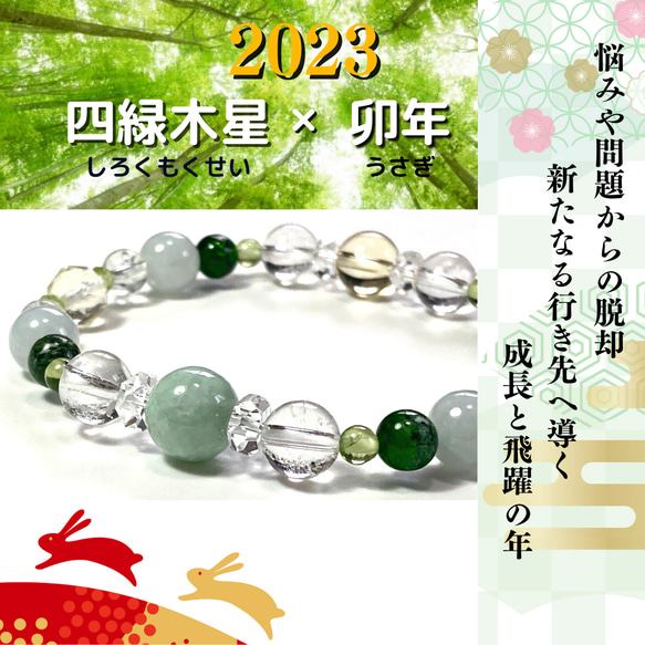 【激動の時代を風のように軽やかに生きる】苦難・苦悩から解放　物事の整い　卯年　天然石ブレスレット　翡翠　ダイオプサイト 1枚目の画像