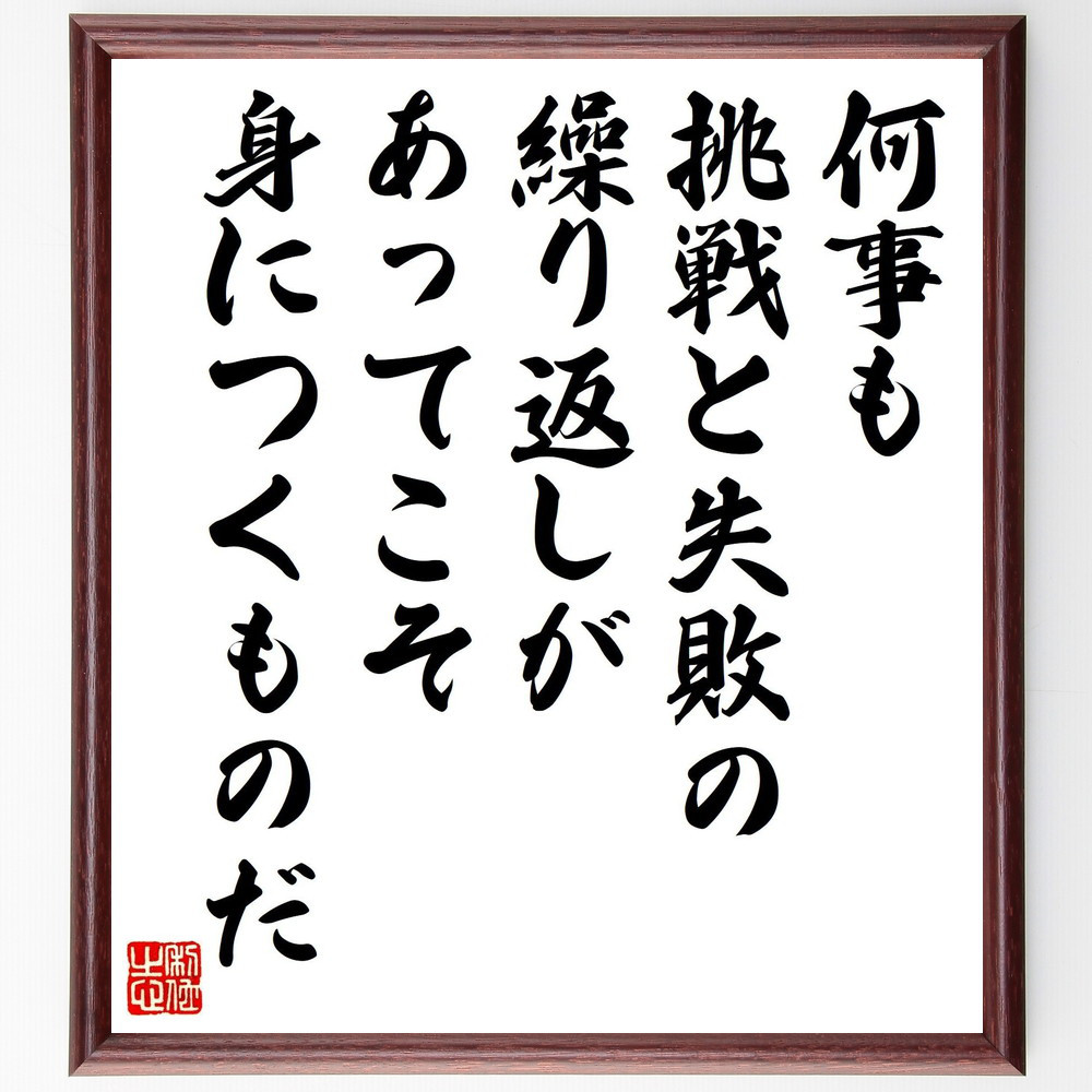 名言「何事も挑戦と失敗の繰り返しがあってこそ、身につくものだ」手書き書道色紙額／受注後の毛筆直筆（V1280）