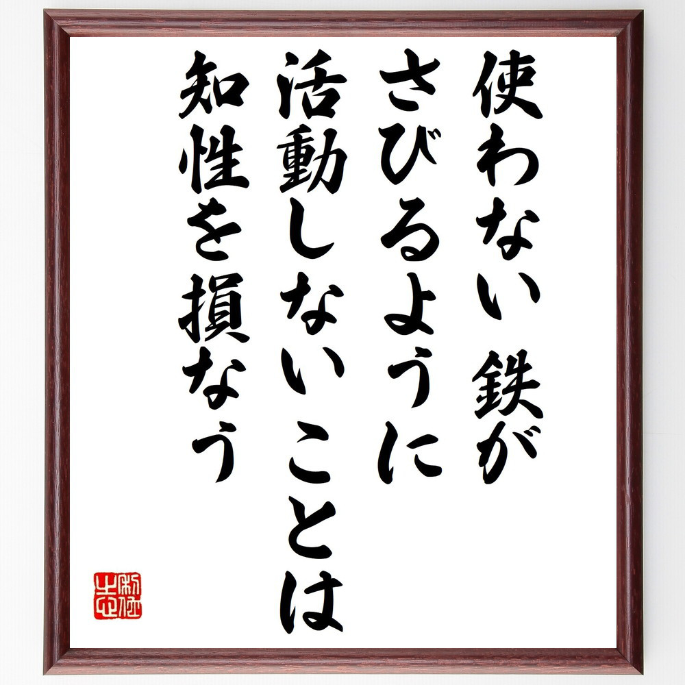 レオナルド・ダ・ヴィンチの名言「使わない鉄がさびるように、活動しない～」手書き書道色紙額／受注後の毛筆直筆（V1297）