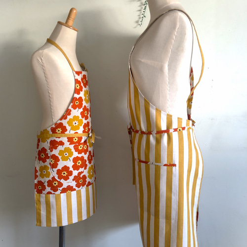 hand made播州織レトロデザインストライプ未使用花柄エプロン