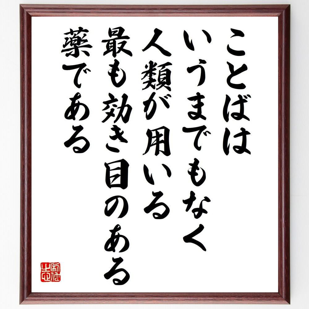 名言「ことばはいうまでもなく、人類が用いる最も効き目のある薬である」手書き書道色紙額／受注後の毛筆直筆（V1400）