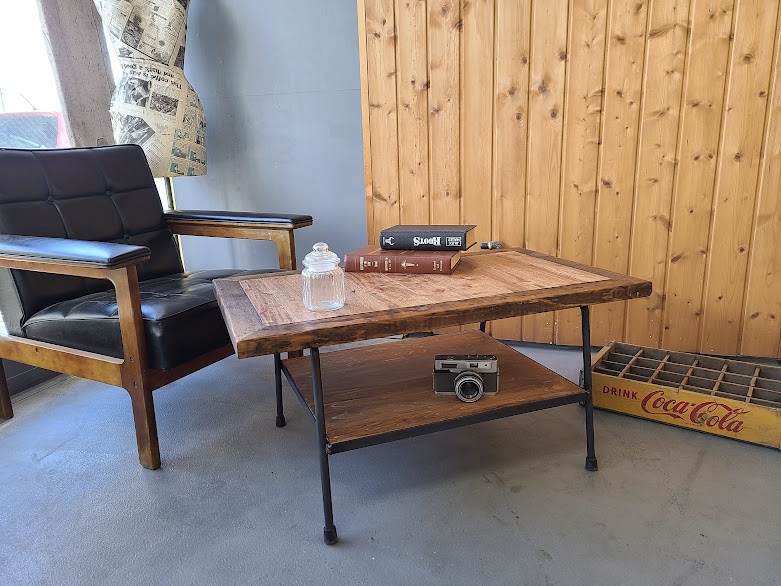 カフェテーブル SAKURA材×古木とアイアンのローテーブル