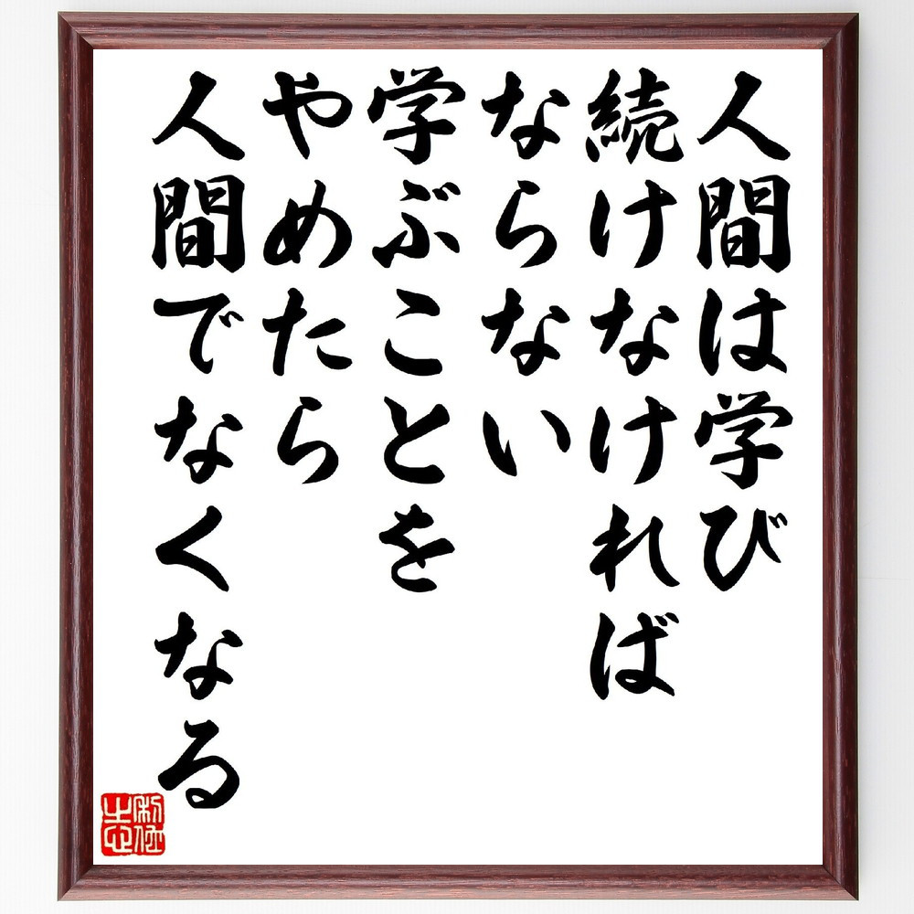 名言「人間は学び続けなければならない、学ぶことをやめたら、人間でなく～」手書き書道色紙額／受注後の毛筆直筆（V1472）