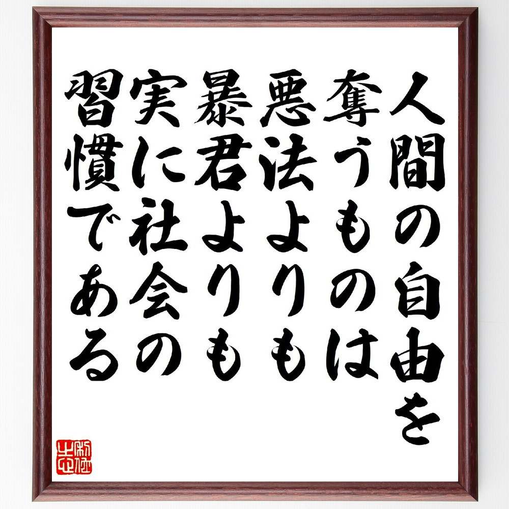 名言「人間の自由を奪うものは、悪法よりも暴君よりも、実に社会の習慣で～」手書き書道色紙額／受注後の毛筆直筆（V1475）