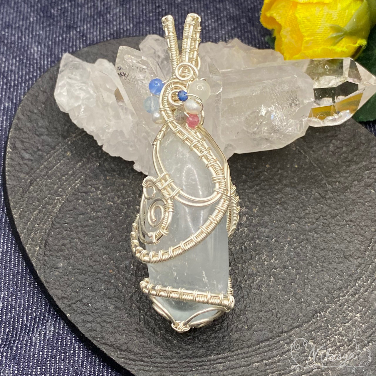 【ワイヤーアクセサリー】手磨きセレスタイトのペンダントトップ【送料無料】