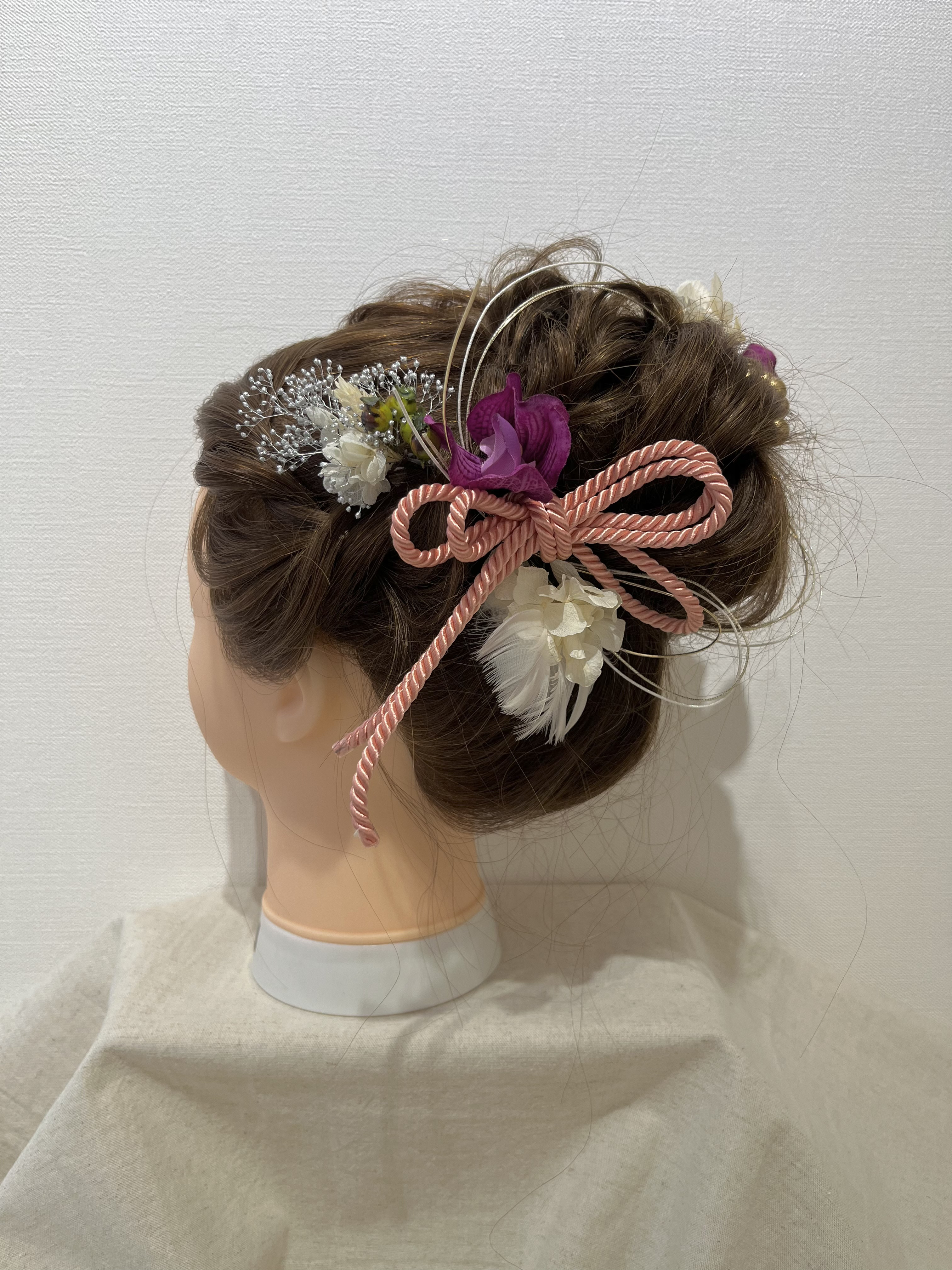 成人式　卒業式　髪飾り　七五三　水引き　ドライフラワー　ピンク　桃色　桜色　リボン　ゴールド　パール