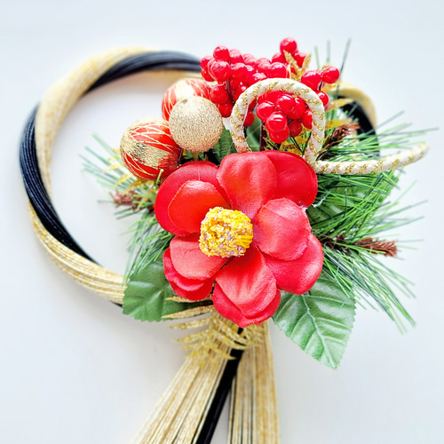 黒金水引結び赤椿ミニ玉 しめ縄 注連縄 しめ飾り お正月飾りしめ縄