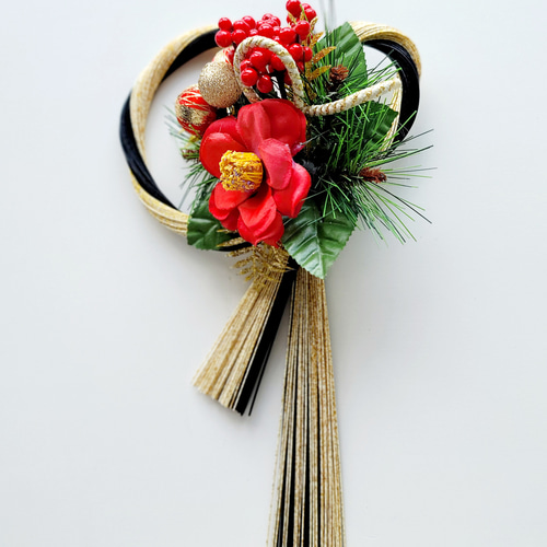 黒金水引結び赤椿ミニ玉 しめ縄 注連縄 しめ飾り お正月飾りしめ縄