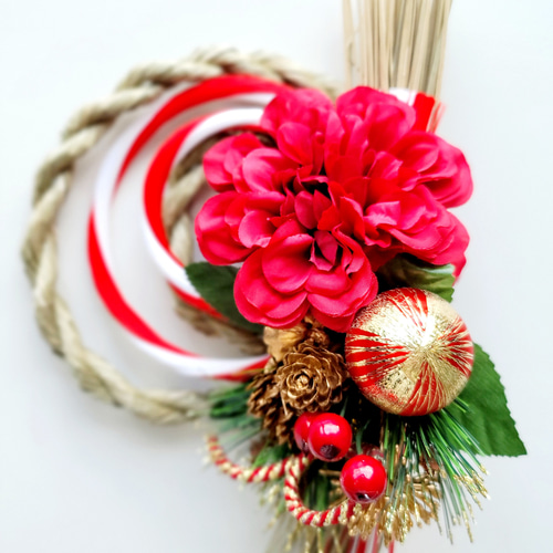 2024天然二重しめ縄二重紅白水引結び赤ダリア紅玉 しめ縄 注連縄