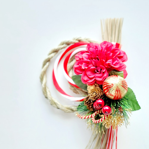 2025天然二重しめ縄二重紅白水引結び赤ダリア紅玉 しめ縄 注連縄