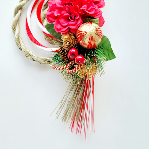 2024天然二重しめ縄二重紅白水引結び赤ダリア紅玉 しめ縄 注連縄