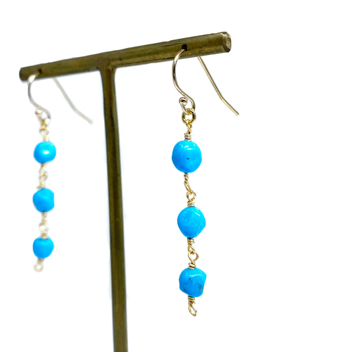 ターコイズ3連ピアス_トルコ石_14KGF_スリーピングビューティ産_