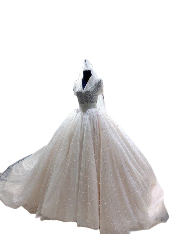 韓国風ビジューウエディングドレス　キラキラ　贅沢なパール　パール満足　グリッターチュール　トレーン　半袖　オフホワイト 2枚目の画像