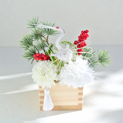 白い鶴 檜の枡 モダン お正月飾り アーティフィシャルフラワー