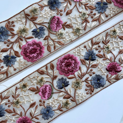 【50cm】インド刺繍リボン　アイボリーxピンク　チュール　GN463 4枚目の画像