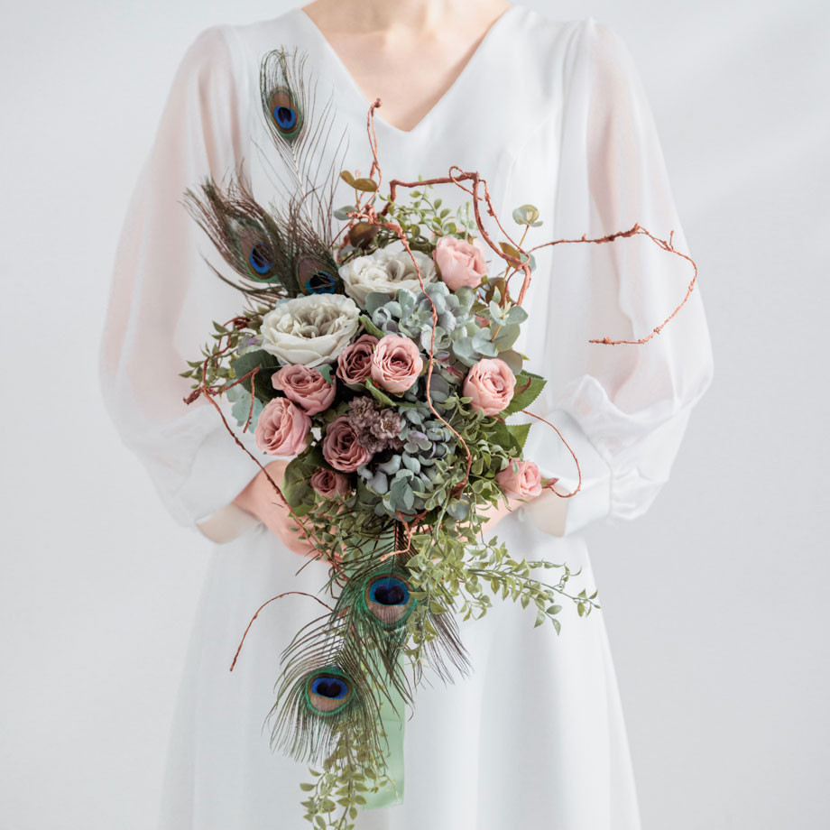 〈レンタルブーケ〉アーティフィシャルフラワーブーケ・ブートニアセット #020 peacock