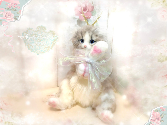 品質は非常に良い バンビキャット エンジェル 全身可動 羊毛フェルト 角 幻獣 猫 ぬいぐるみ
