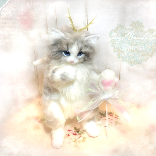 アートドール　黄ネコ幻獣　羊毛フェルト エンジェル バンビキャット 全身可動 猫 幻獣 角 羊毛フェルト