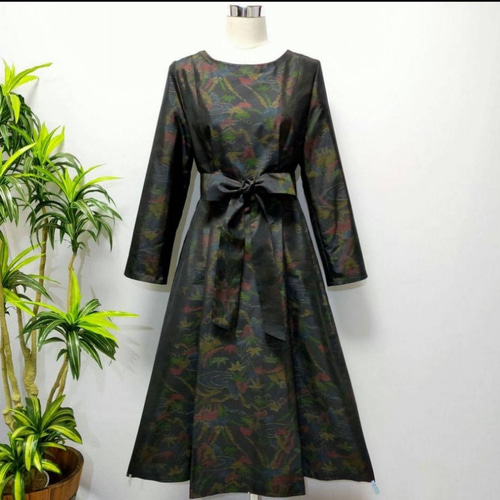 アンティーク大島紬 着物リメイク ワンピース 2WAY Aライン 花柄