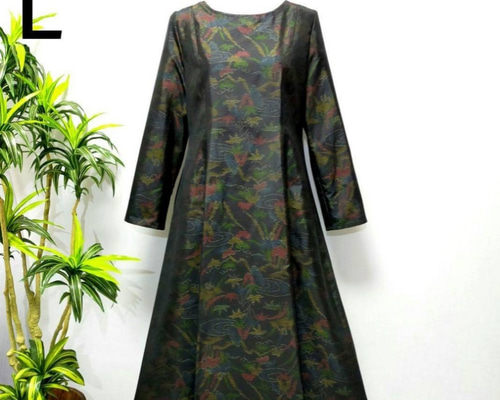 着物リメイク♤大島紬正絹♤Ａラインワンピース長袖紺地の花柄 着物リメイク 花柄ワンピース 大島紬 2WAY Aライン プリンセス