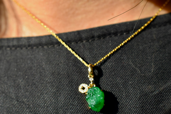 a24 k18金ゴールド 天然 氷種 陽緑 本翡翠 ミニ 貔貅 ダイヤモンド ネックレス ペンダント 16枚目の画像