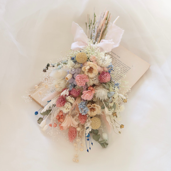 【ギフトに嬉しいメッセージカード付】花束にもなるドライフラワースワッグ〈パステル〉記念日・結婚式・送別品・お祝い 6枚目の画像