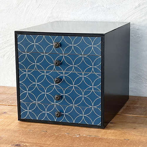 和風 木製 A4 書類ケース5段 -七宝つなぎ 青- その他インテリア雑貨