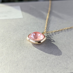 14Kgf pink-shell crystal Square 春色桜ピンクシェル×クリスタルネックレス 2枚目の画像