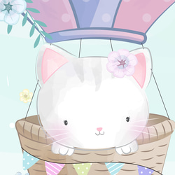 キッズ 可愛い アニマルアート 気球に乗ったネコ / インテリアポスター / 012 2枚目の画像